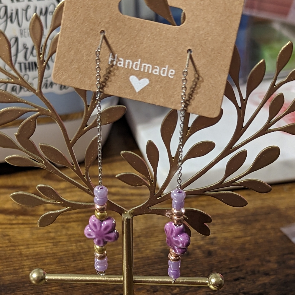 Flower Beaded Threaded Dangle Earrings NEW!
